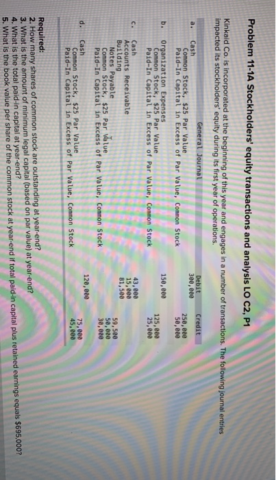  Problem 11-1A Stockholders' equity transactions and analysis LO C2, P1 Kinkaid