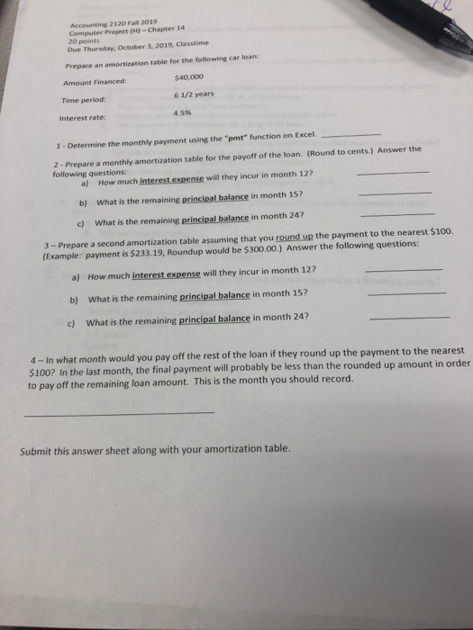  Accounting 2120 Fall 2019 Computer Project (H) - Chapter 14 20