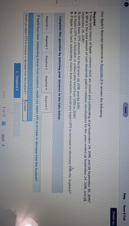 Saved Help Save & Exit Check my Use Apple's financial statements