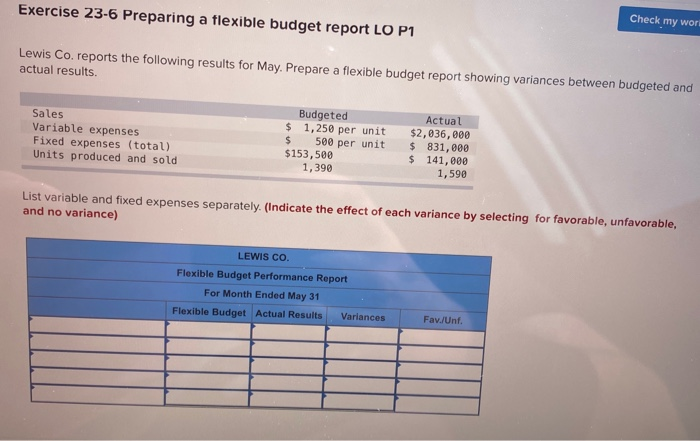  Exercise 23-6 Preparing a flexible budget report LO P1 Check my