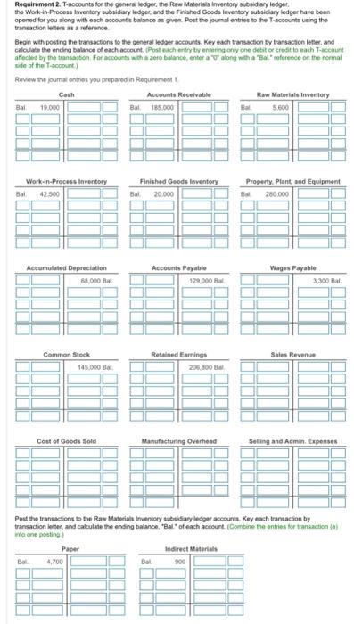 Post the journal entries to the T-accounts using the transaction letters as