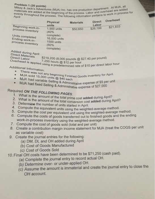  Problem 1 (20 points) MJA, materials (MJA Inc has one production
