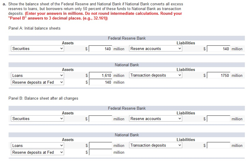 Given panel A, complete Panel B. National Bank currently has $1,750 million