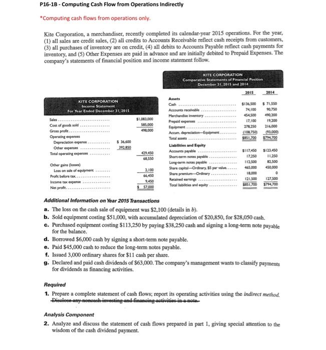  P16-1B - Computing Cash Flow from Operations Indirectly "Computing cash flows