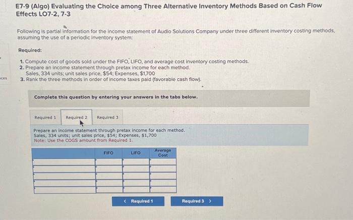 on Cash Flow Effects LO7-2, 7-3 Following is partial information for the