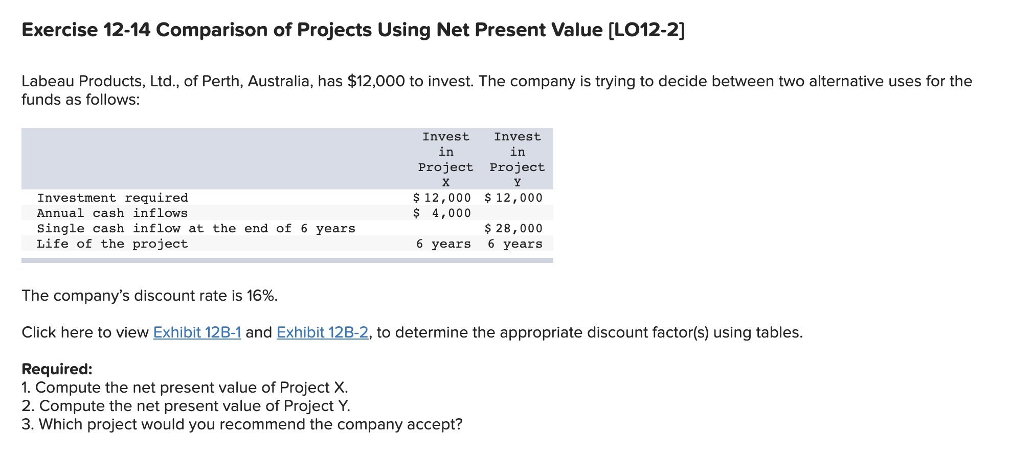  Exercise 12-14 Comparison of Projects Using Net Present Value (LO12-2] Labeau