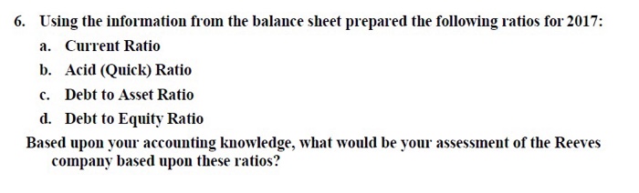  6. Using the information from the balance sheet prepared the following