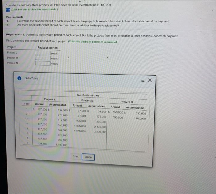  Consider the following three projects. All three have an initial investment