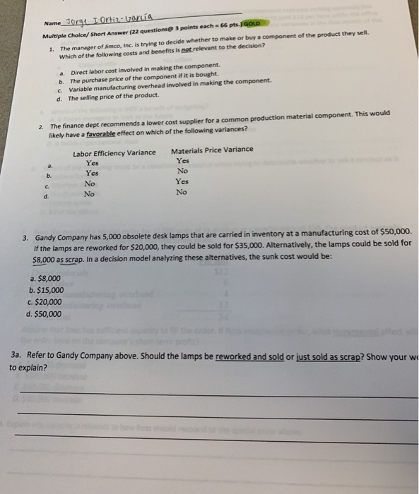  3 points each 66 Multiple Choice/ Short Answer (22 questions is