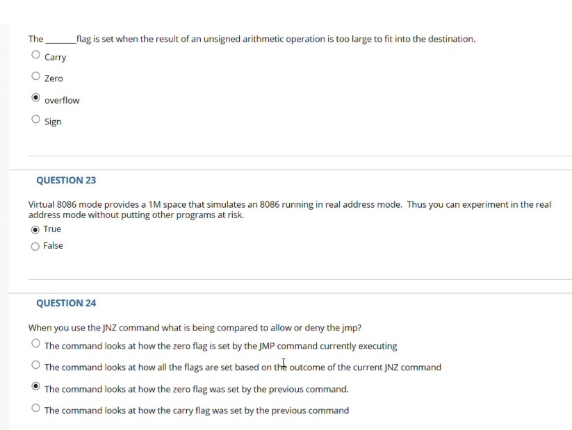 assembly language answer the questions The O Carry O Zero O overflow