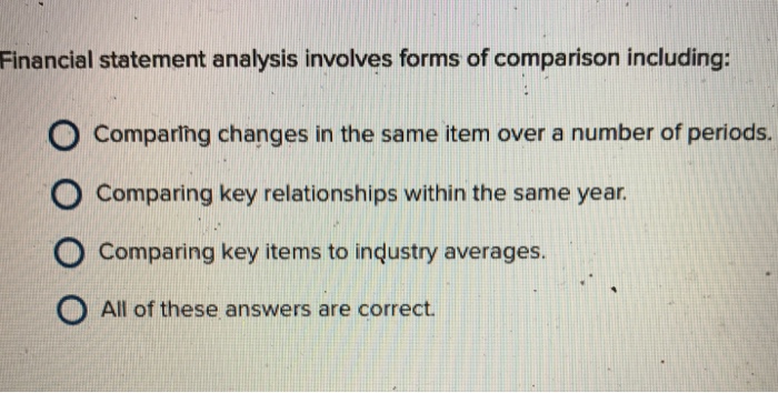  Financial statement analysis involves forms of comparison including: Comparing changes in