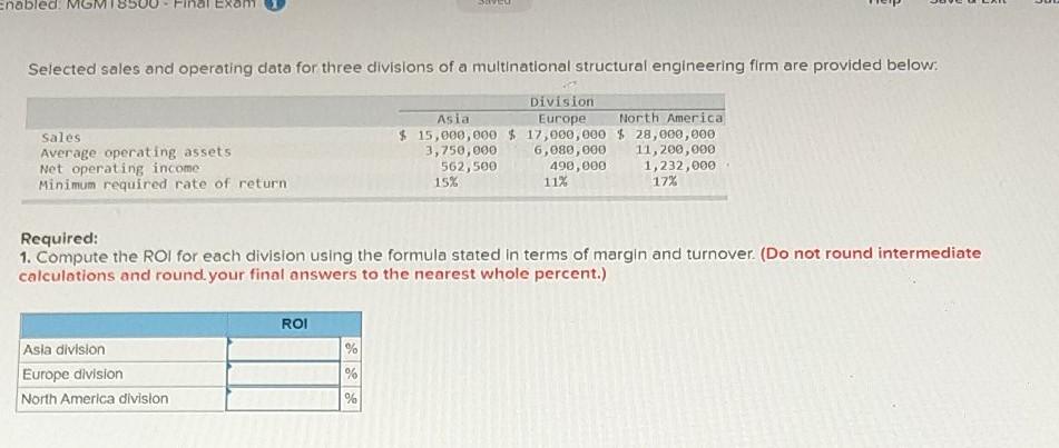 please solve this asap SU enabled. MGN Selected sales and operating