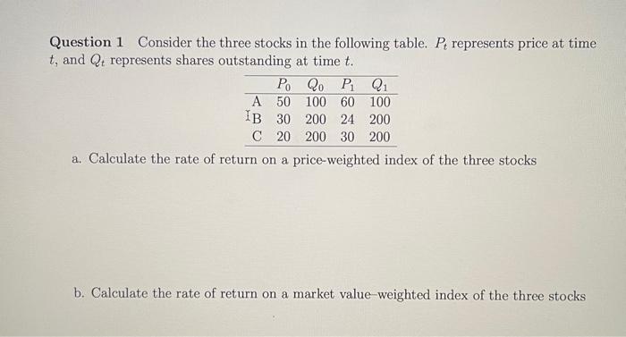 Question 1 Consider the three stocks in the following table. Pt