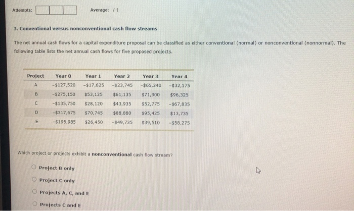  Attempts: Average: 71 3. Conventional versus nonconventional cash flow streams The