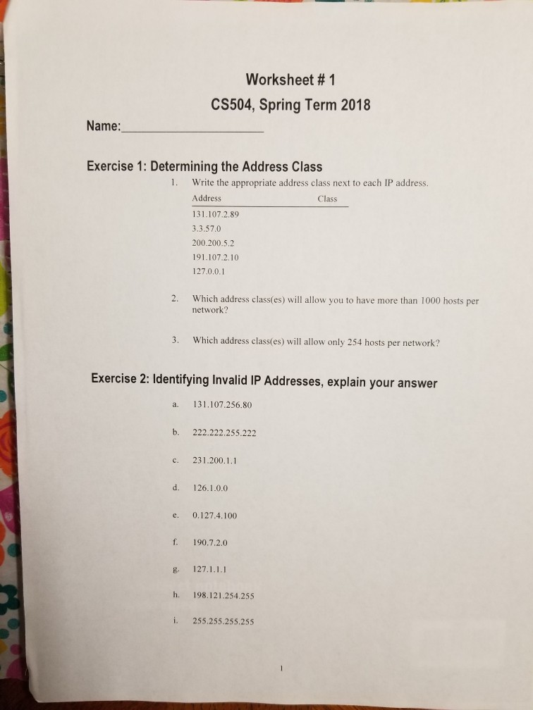 Worksheet # 1 Cs504, Spring Term 2018 Name Exercise 1: Determining