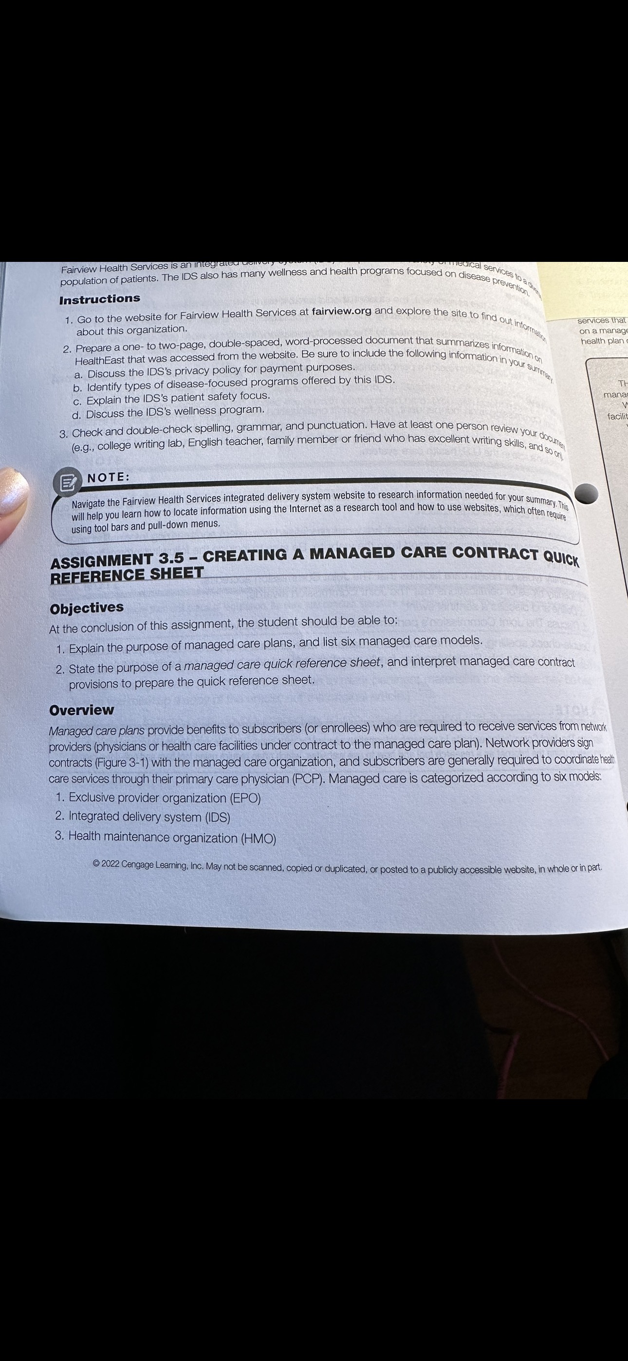 the Sample managed care plan quick referencing sheet below, complete row three