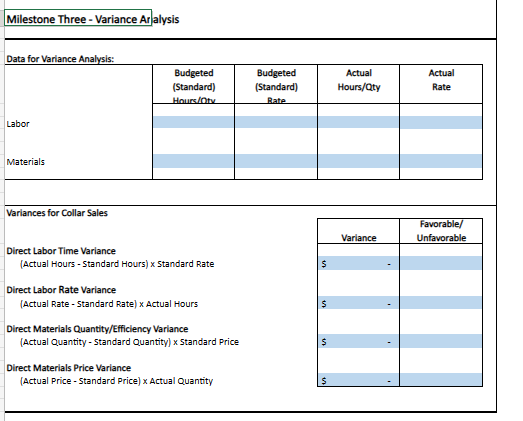 Variable and Fixed Costs Tabs for references for the Variance Analysis portion
