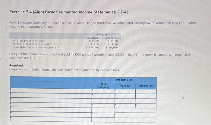 Please help with this Exercise 7-4 (Algo) Basic Segmented Income Statement [LO7-4]