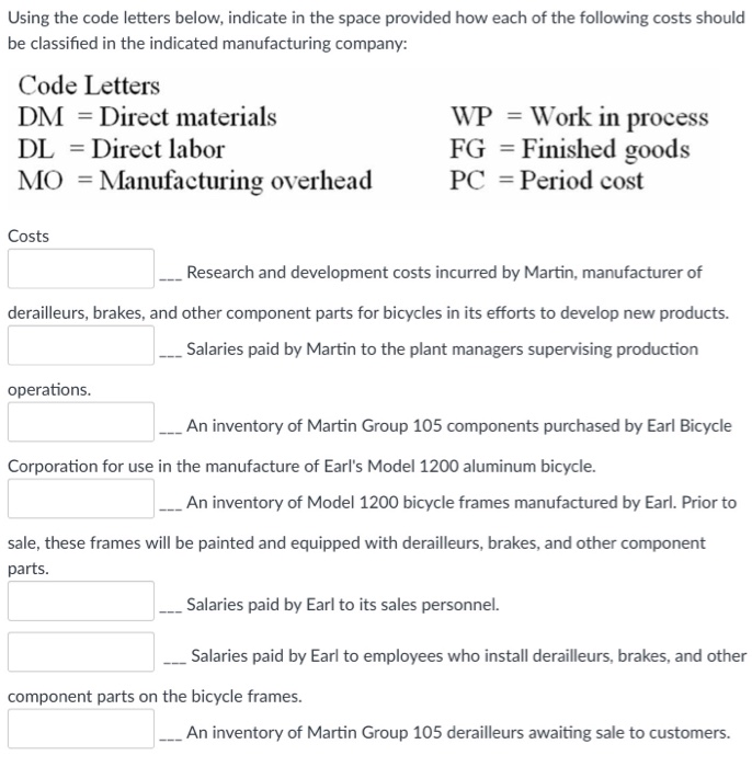  Using the code letters below, indicate in the space provided how