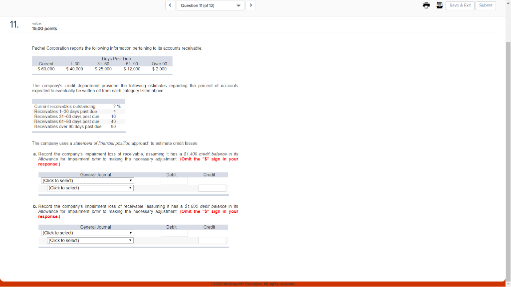  Question 11 of 12) & Save & E Sub 11. 15.00
