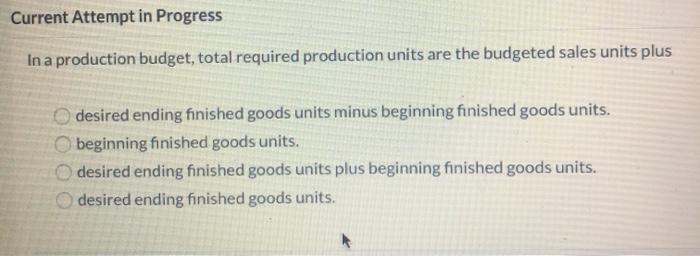  Current Attempt in Progress In a production budget, total required production