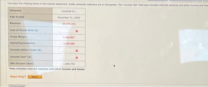  Calculate the missing items in the income statement. Dollar amounts indicated
