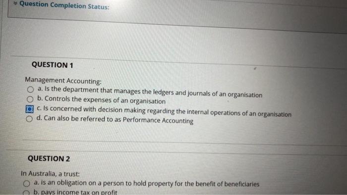  Question Completion Status: QUESTION 1 Management Accounting: a. Is the department