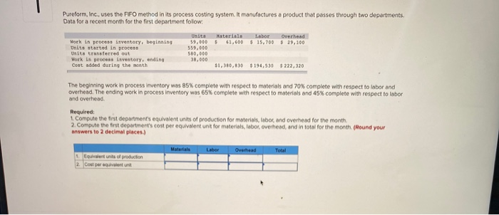  Pureform, Inc., uses the FIFO method in its process costing system.