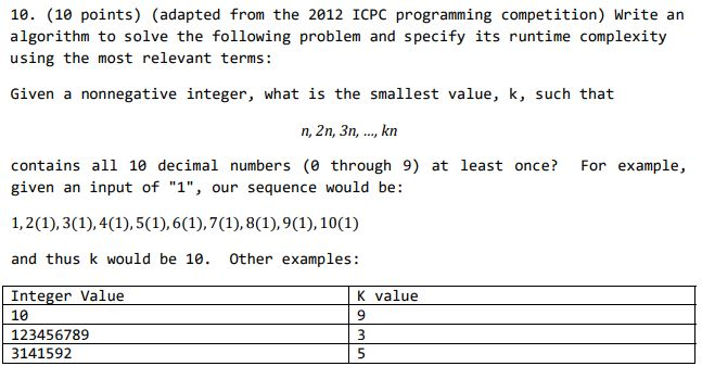  10. (10 points) (adapted from the 2012 ICPC programming competition) Write