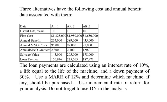  Please use incremental rate of return for analysis. Use "do nothing"
