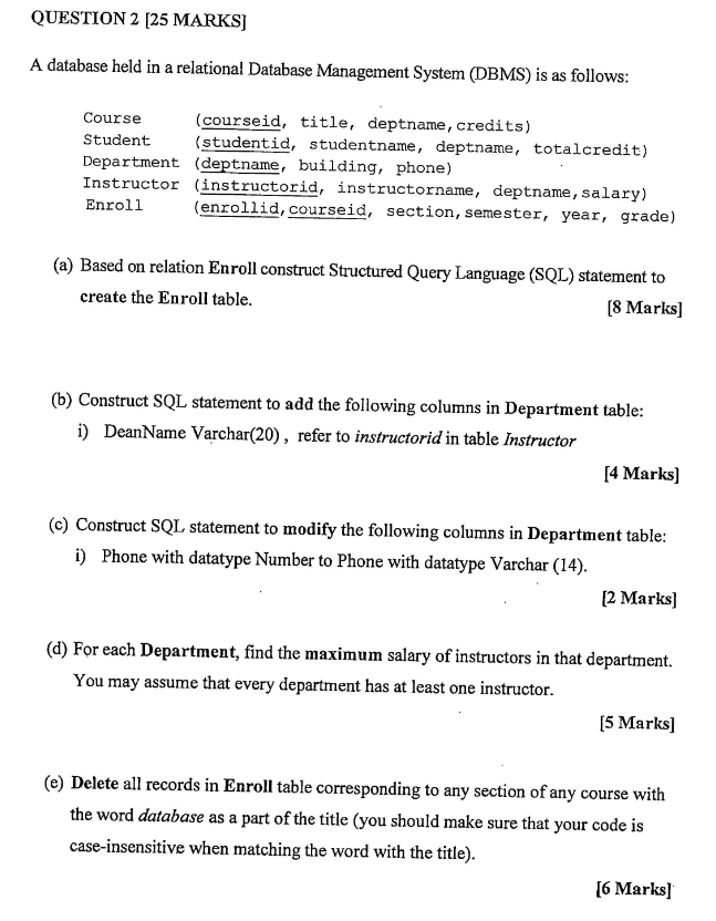  QUESTION 2 [25 MARKS] A database held in a relational Database