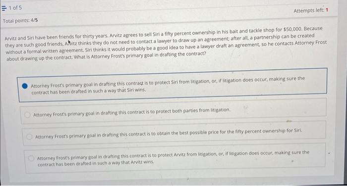 help please onlyone attempt 1 of 5 Total points: 4/5 Attempts left: