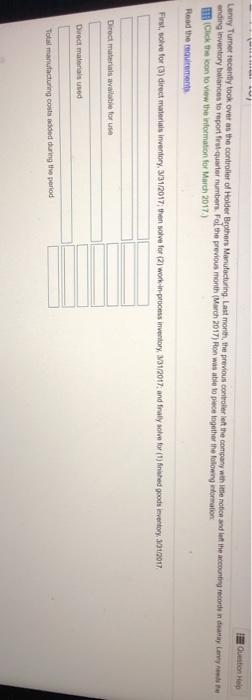  Question Help Lenny Tumer recently took over as the controller of