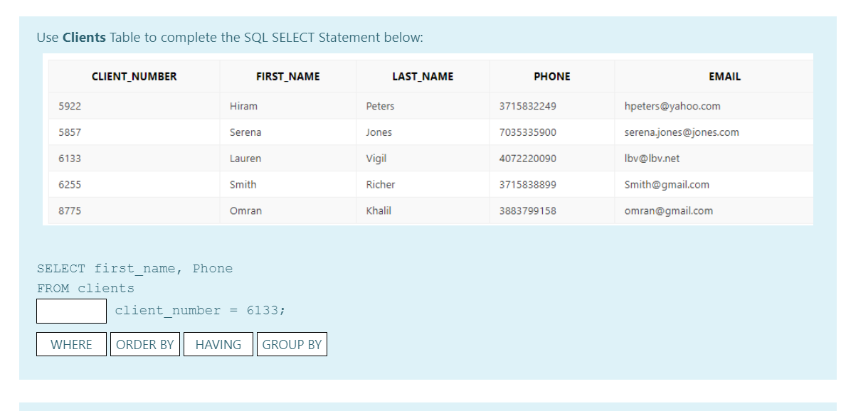 Use Clients Table to complete the SQL SELECT Statement below: CLIENT