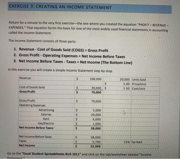  EXERCISE 3: CREATING AN INCOME STATEMENT Return for a minute to