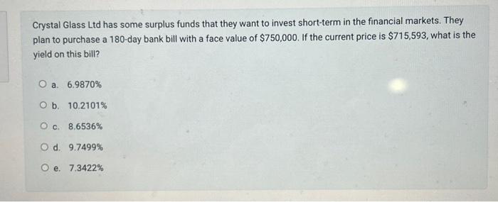 select one option Crystal Glass Ltd has some surplus funds that they