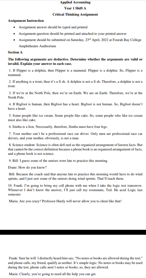 Applied Accounting Year 1 Shift A Critical Thinking Assignment Assignment Instruction