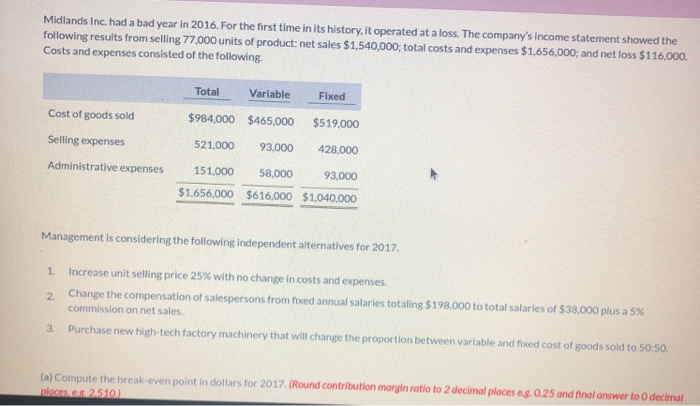  please help?! Midlands Inc. had a bad year in 2016. For