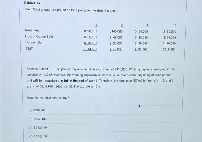  Exhibit 9-2 The following data are projected for a possible investment
