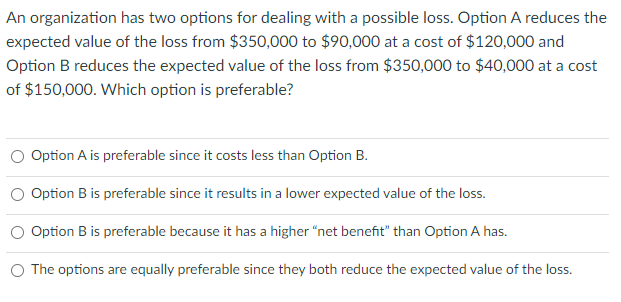An organization has two options for dealing with a possible loss.