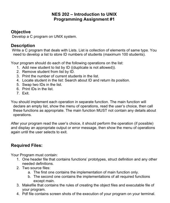  NES 202 - Introduction to UNIX Programming Assignment \#1 Objective Develop