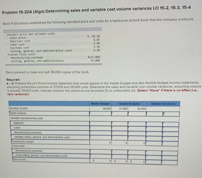 help! Problem 15-20A (Algo) Determining sales and variable cost volume variances LO