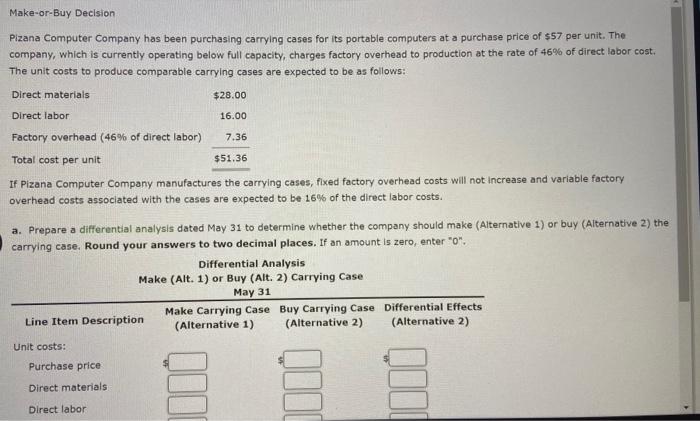 Make-or-Buy Declsion Pizana Computer Company has been purchasing carrying cases for