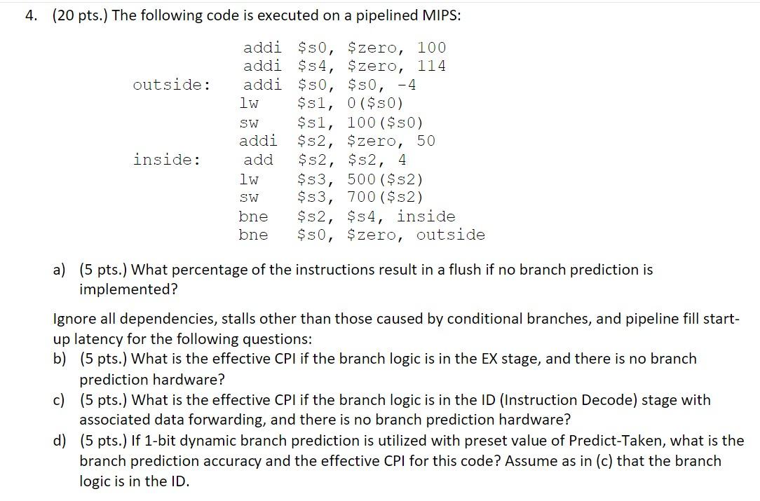 4. (20 pts.) The following code is executed on a pipelined