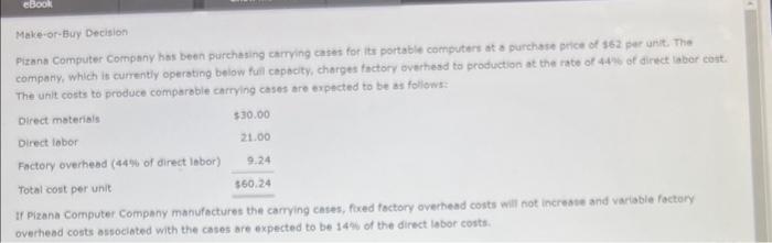 Prepare differential analysis Make-or-Buy Decision Pizans Computer Compsny has been purchasing camving