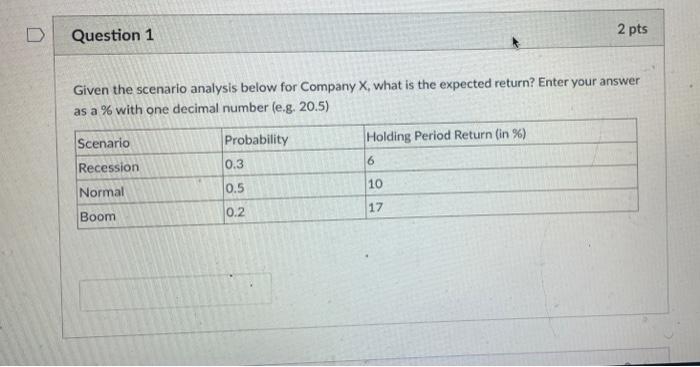  D Question 1 2 pts Given the scenario analysis below for