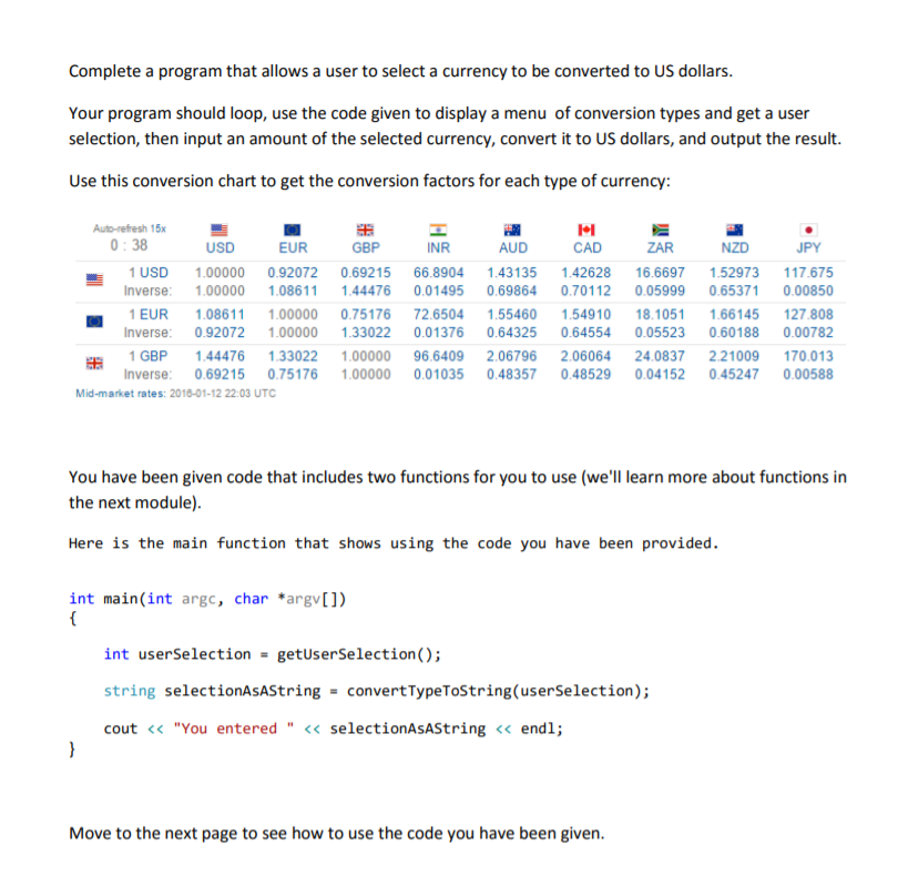 C++ program starting code: /* Allows currency to be converted from various