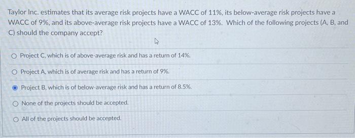  Taylor Inc. estimates that its average risk projects have a WACC