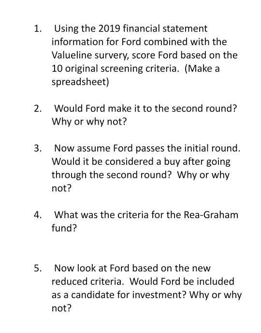  1. Using the 2019 financial statement information for Ford combined with