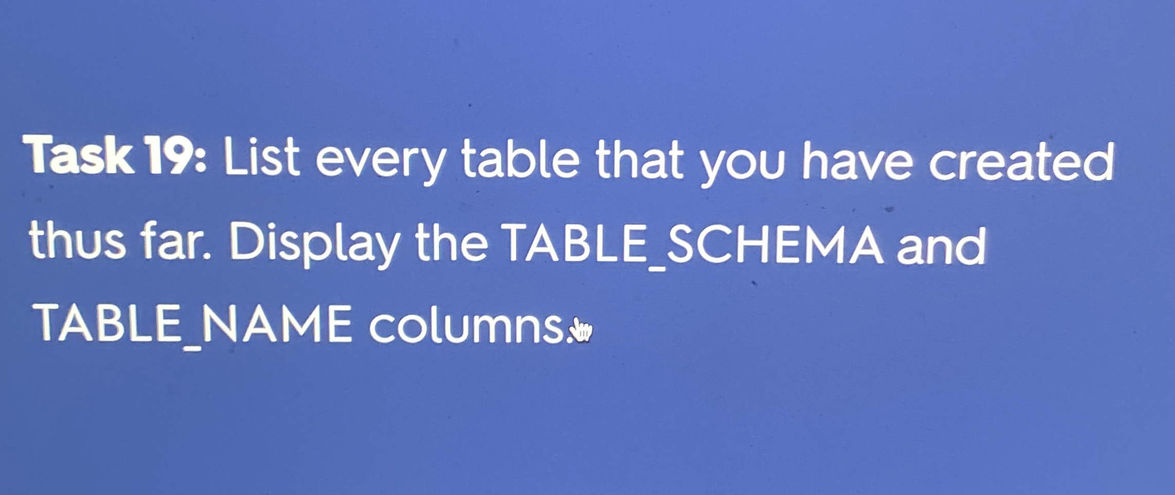 Task 19: List every table that you have created thus far.